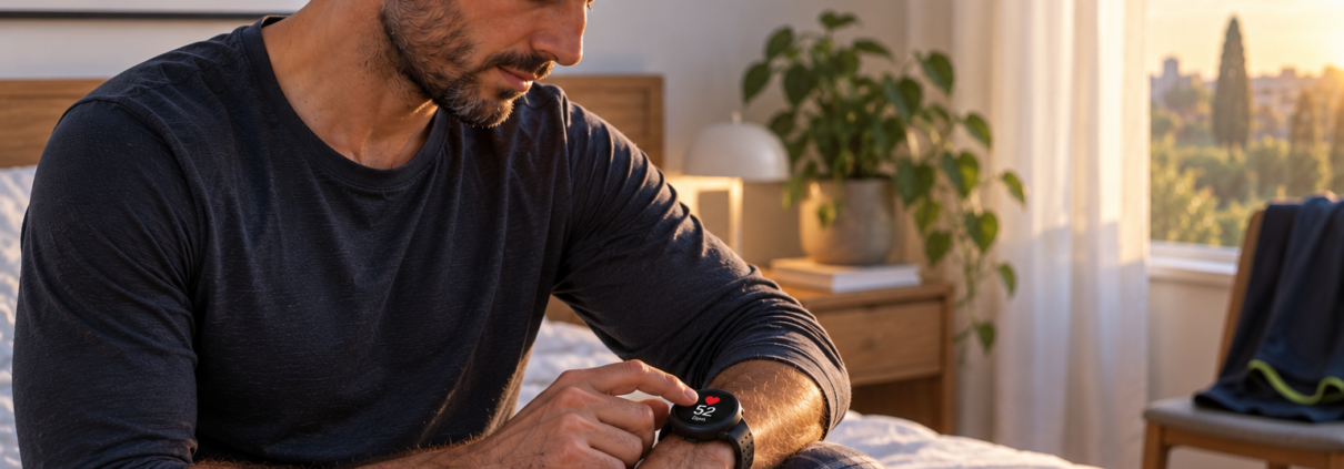 Uomo seduto sul letto controlla la frequenza cardiaca a riposo sullo smartwatch