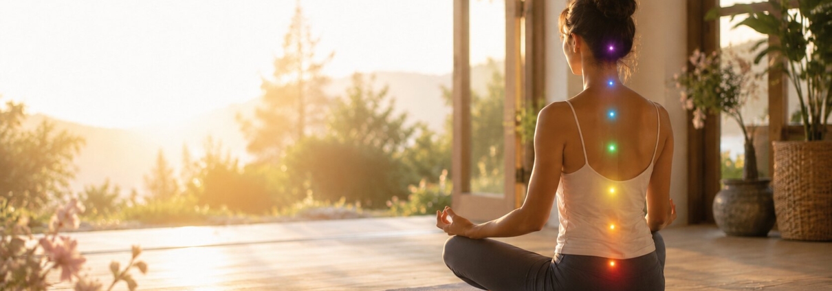 Donna in meditazione con i sette chakra durante una pratica di Ananda Yoga