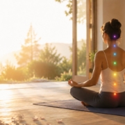 Donna in meditazione con i sette chakra durante una pratica di Ananda Yoga