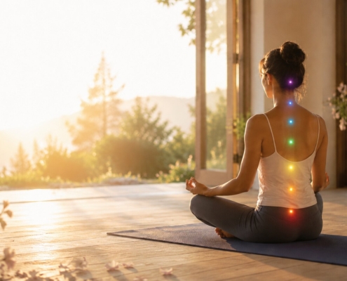 Donna in meditazione con i sette chakra durante una pratica di Ananda Yoga