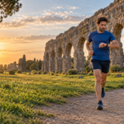 Runner che ascolta lo sforzo percepito durante l’allenamento al Parco degli Acquedotti