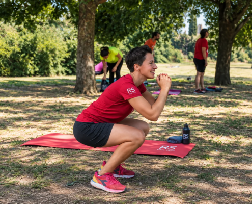 Esercizio di squat per allenare forza e controllo delle gambe durante la ginnastica funzionale