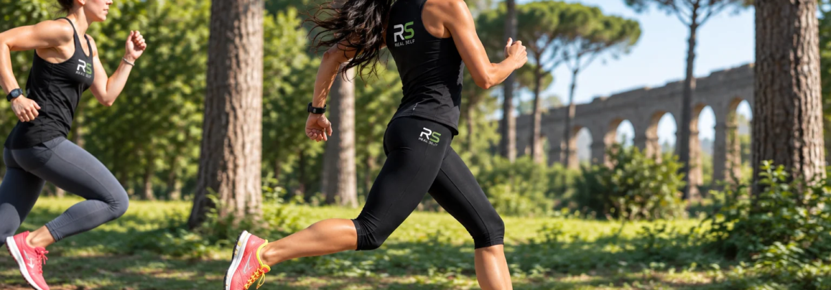 Runner durante un allenamento di corsa al parco con abbigliamento RS Real Self