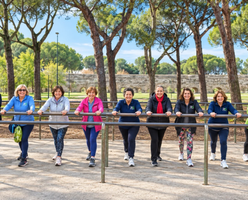 Partecipanti al corso Active Walking 60+ durante gli esercizi alla pista di pattinaggio del Parco degli Acquedotti