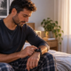 Uomo seduto sul letto controlla la frequenza cardiaca a riposo sullo smartwatch