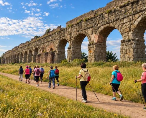 Gruppo di Nordic Walking con bastoncini lungo gli acquedotti romani