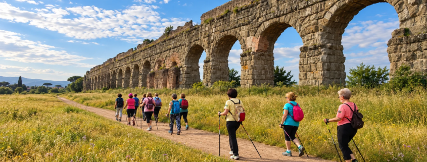 Gruppo di Nordic Walking con bastoncini lungo gli acquedotti romani