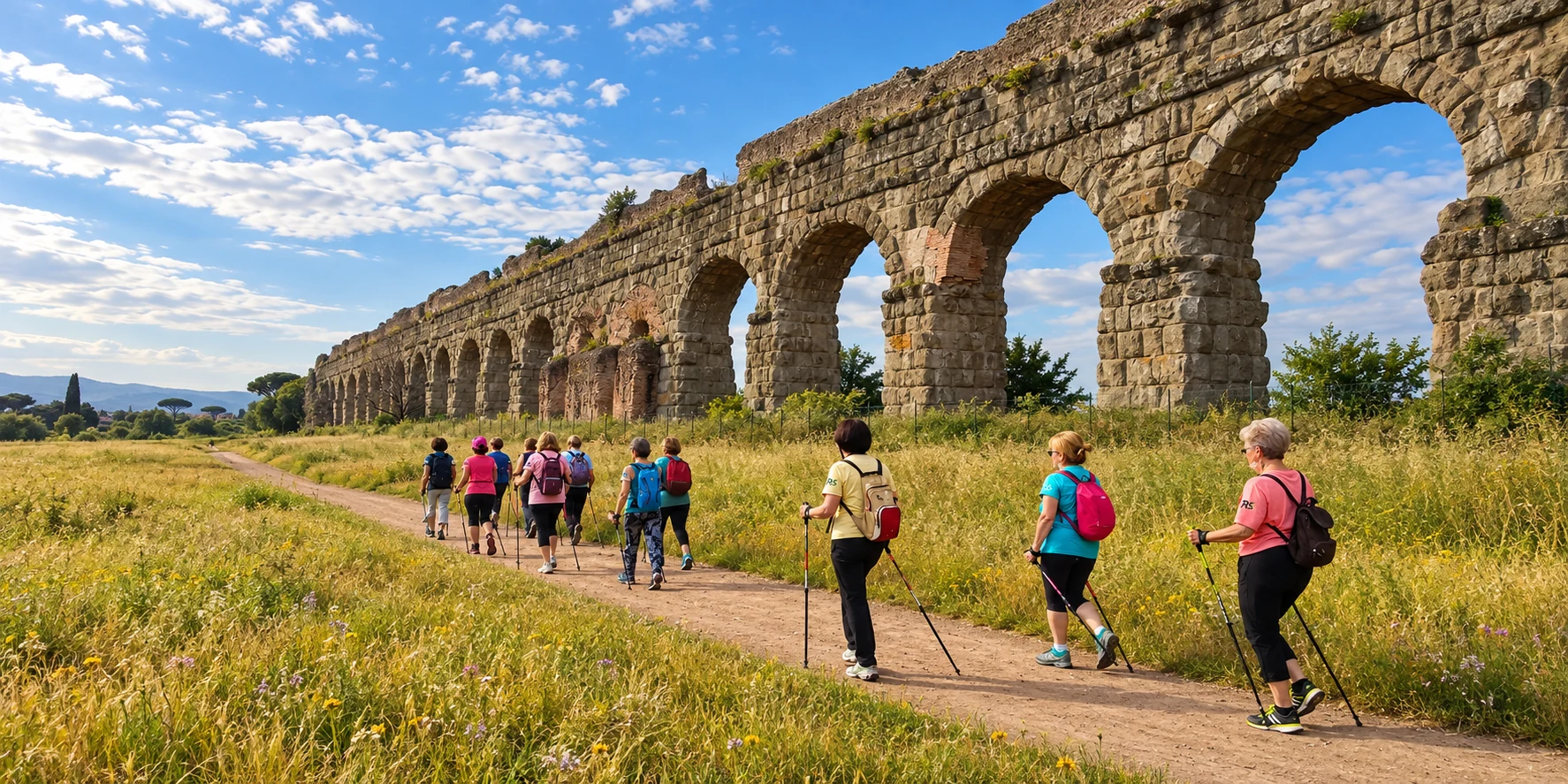 Gruppo di Nordic Walking con bastoncini lungo gli acquedotti romani