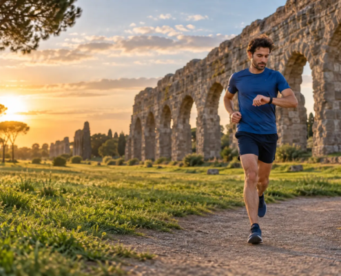 Runner che ascolta lo sforzo percepito durante l’allenamento al Parco degli Acquedotti